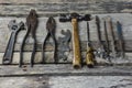 Vintage antique hand tools on old work bench. Royalty Free Stock Photo