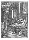 Vintage Antique Historical Drawing or Engraving of Two Sick Man Lying in Bed in Care of Three Women. Healthcare or