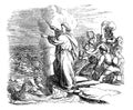 Vintage Drawing of Biblical Story of Crossing the Red Sea, Moses Leading Israelites Safely Through, Egyptian Army is