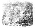 Vintage Drawing of Man Sleeping near Passage to Heaven. Biblical Story About Jacob and Laban