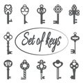 Vintage antique key collection isolated on white background. old victorian keys black silhouettes for doors and cars Royalty Free Stock Photo