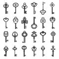 Vintage antique key collection. Set of old victorian keys black silhouettes for doors and cars Royalty Free Stock Photo