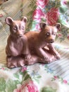 Vintage Antique Pink Satin Glaze Bear Cub Pottery Planter on Floral Silk Scarf Background