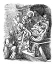 Vintage Antique Religious Biblical Drawing or Engraving of Burial of Jesus, Joseph of Arimathea is Placing His Body in a