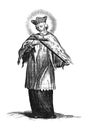 Vintage Antique Religious Drawing or Engraving of Holy Man in Priest Clothing Holding the Cross. Saint John of Nepomuk