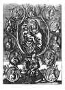 Vintage Antique Religious Drawing or Engraving of Queen Sitting on Throne Surrounded by Virgin Mary, Jesus, Kings and Royalty Free Stock Photo