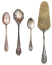 Vintage Antique silverware isolated on white background. Retro teaspoons, forks, knives, shovels for cake