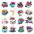 Vintage Antique Watercolor Teacups with flowers Illustration Set on isolated background