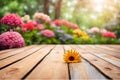 Empty wooden vintage table board on spring flower garden bokeh background. Royalty Free Stock Photo