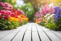 Empty wooden vintage table board on spring flower garden bokeh background. Royalty Free Stock Photo
