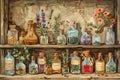 Vintage apothecary bottles with herbal illustrations, botanical medicine art