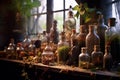 Vintage Apothecary Bottles on a Wooden Shelf Royalty Free Stock Photo