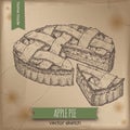 Vintage apple pie sketch on old paper background.