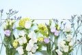 Vintage aqua green blue background with white, purple, lilac and yellow flowers with empty copy space