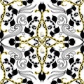 Vintage arabesque style floral vector seamless pattern. Damask ornamental white background with golden beads, 3d pearls, black