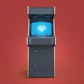 Vintage arcade game machine cabinet with pixel heart icon colorful controllers and screen isolated.