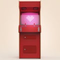 Vintage arcade game machine cabinet with pixel heart icon colorful controllers and screen isolated.