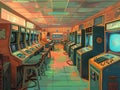 Vintage Arcade Room Illuminated with Retro Gaming Machines