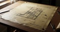 Vintage architectural blueprint technical drawing spread across a wooden drafting table surface Royalty Free Stock Photo