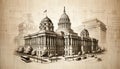 Vintage Architectural Drawing of Government Building, Historical Architecture Concept