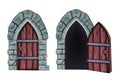 Old wooden door vector illustration, closed open castle dungeon entrance, cracked stone arch on white.