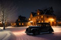 vintage architecture of the old buildings at snowy winter night