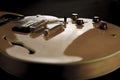 Vintage archtop guitar in natural maple close-up high angle view on black background, controls detail in selective focus Royalty Free Stock Photo