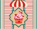 Vintage ard with cupcake with red cherries, pink