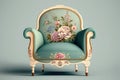 vintage armchair with floral pattern and rolled arms, in pastel color scheme