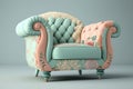 vintage armchair with floral pattern and rolled arms, in pastel color scheme