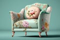 vintage armchair with floral pattern and rolled arms, in pastel color scheme