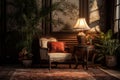 Vintage armchair and side table in beautiful vintage room. By generative Ai