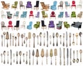 Vintage armchairs and Silverware, antique spoons, forks, knives, ladle, cake shovels isolated on isolated white background.