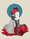 Vintage art collage. Lovely couple kiss