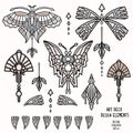 Vintage Art Deco Butterfly and Jewel Vector Motif Set. Stylised 1920s style Geometric Design Element. Hand Drawn Ornate Classic