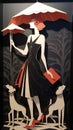 Vintage Art Deco Lady Walking Her Dog in Sculptural Paper Dress. Perfect for Invitations and Posters.
