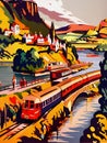 Art Deco Style 1960s Railway Travel Poster With A Diesel Locomotive Train Running Though A Coastal Landscape