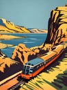 art deco style 1950s railway travel poster with a diesel locomotive train running though a coastal landscape