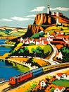 art deco style 1950s railway travel poster with a diesel locomotive train running though a coastal landscape