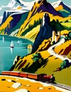 vintage deco style 1930s railway travel poster with a diesel locomotive train running though a coastal landscape