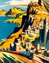 Vintage Art Deco Style 1950s Railway Travel Poster With A Diesel Locomotive Train Running Though A Coastal Landscape
