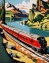 vintage art deco 1950s railway travel poster with a diesel locomotive train running though a river landscape