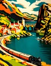 Retro Art Deco Style 1930s Railway Travel Poster With A Steam Train Running Though A Coastal Landscape