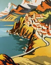 Vintage Art Deco Style 1930s Railway Travel Poster With A Steam Train Running Though A Coastal Landscape