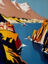 art deco style 1930s travel poster with yachts sailing in a lake in mountain european landscape