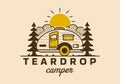 Vintage illustration of teardrop camper among the pines