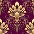Vintage Art Nouveau Floral Seamless Pattern. Vector Ornamental Old Style Red Background. Golden Vintage Flowers, Leaves, Swirls,