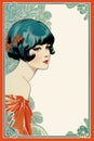 vintage art nouveau girl with blue hair and flowers on an ornate frame Royalty Free Stock Photo