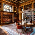 A vintage, Art Nouveau library with stained glass windows, ornate bookshelves, and antique leather chairs3, Generative AI