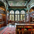 A vintage, Art Nouveau library with stained glass windows, ornate bookshelves, and antique leather chairs2, Generative AI